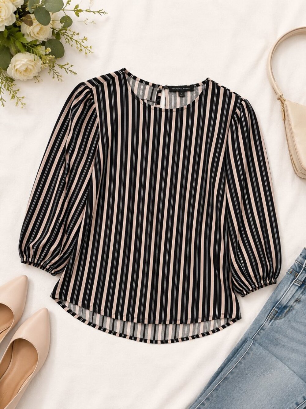 Adrianna Papell Striped Blouse Size Small Black Blush 3/4 Sleeve